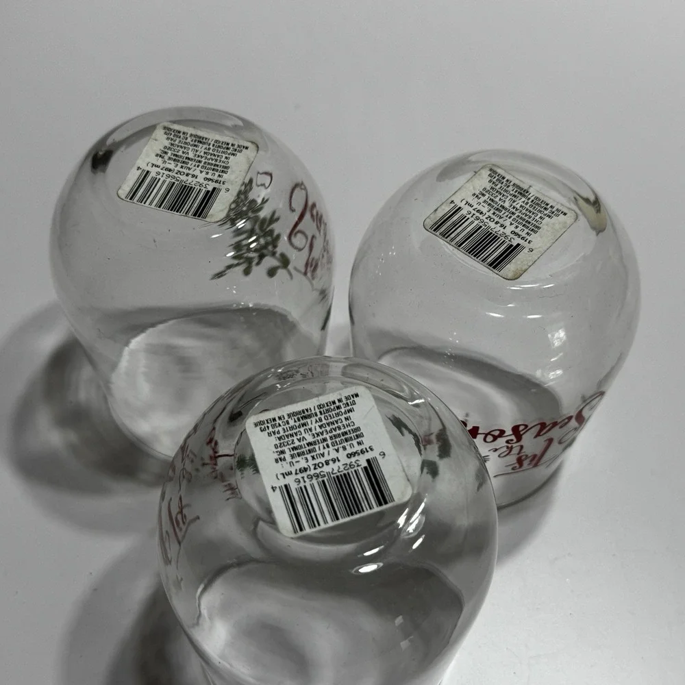 Set 3 Christmas Wine Glass Stemless Hand Painted Holly Berry This The Season New
